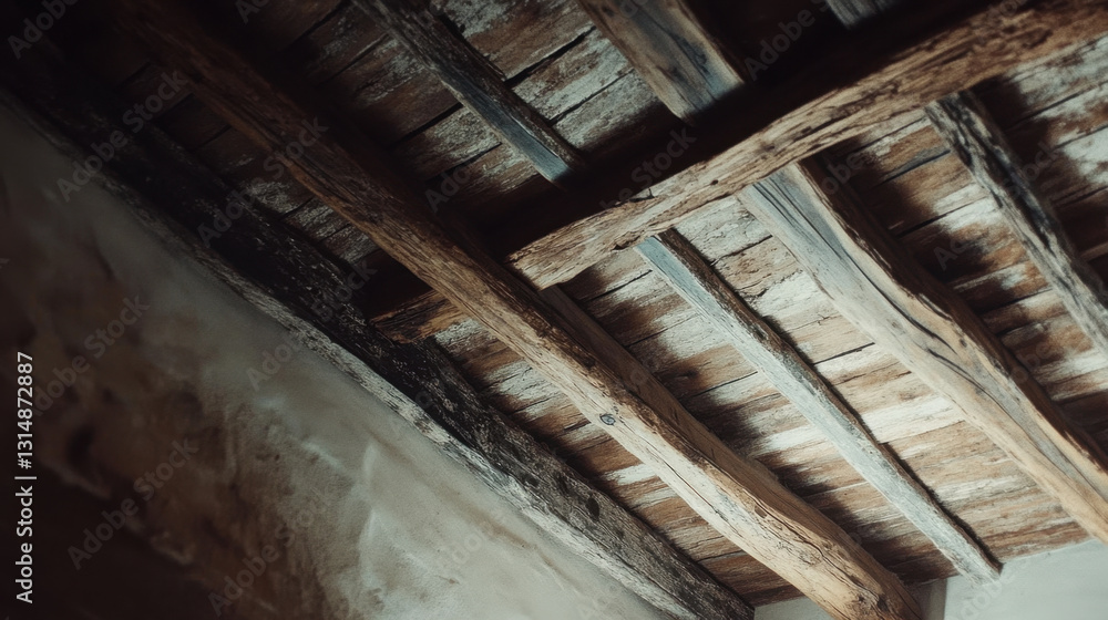 Obraz premium The ceiling features aged wooden beams and textured plaster, reflecting a rustic charm and historical significance in an old house. The atmosphere evokes memories of the past