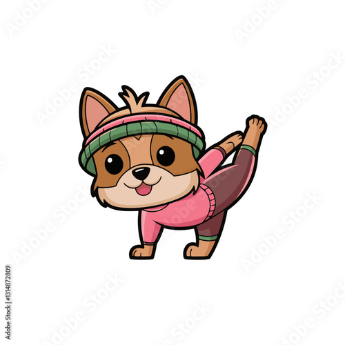 A cartoon-style Yorkshire Terrier doing yoga.