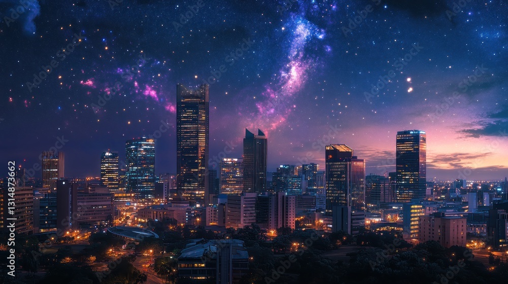 Fototapeta premium Night Cityscape Under a Starry Sky