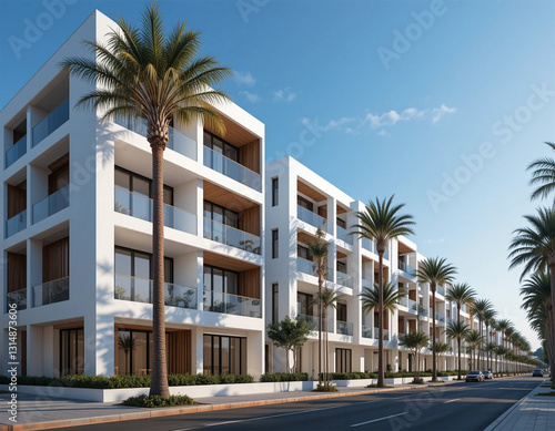 photorealistic image of a contemporary urban apartment complex. The building has a white facade  and sleek wooden accents.