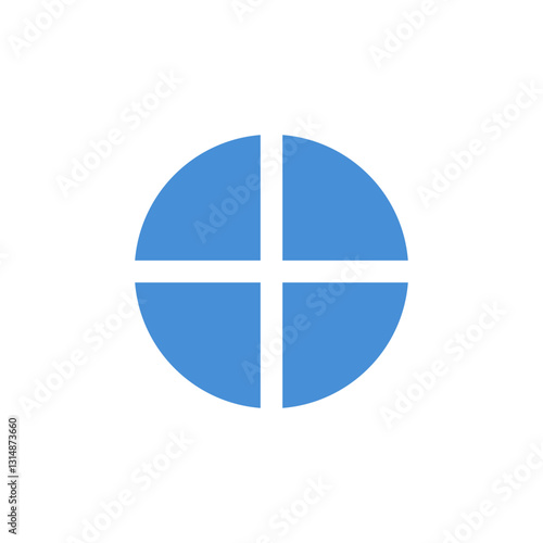 Blue circle split evenly into four sections. transparent space forms a cross within.