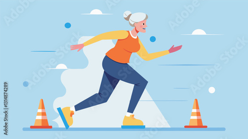 A woman in her 60s gracefully skating through a series of cones showcasing her impressive agility and balance.. Vector illustration