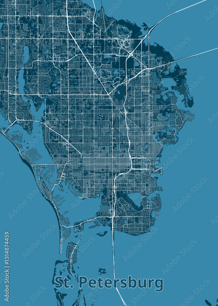 Obraz premium The image showcases a detailed street map of St. Petersburg, Florida. The map is rendered in a minimalist style with a blue background and white lines representing roads and waterways.