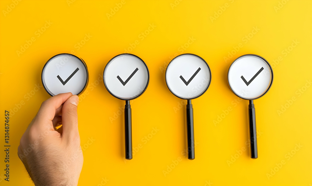 Hand Holding Magnifying Glass with Check Marks on Yellow Background Hand Holding Magnifying Glass with Check Marks on Yellow Background