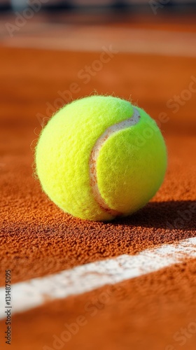Tennis Ball Rests on Clay Court Near Line