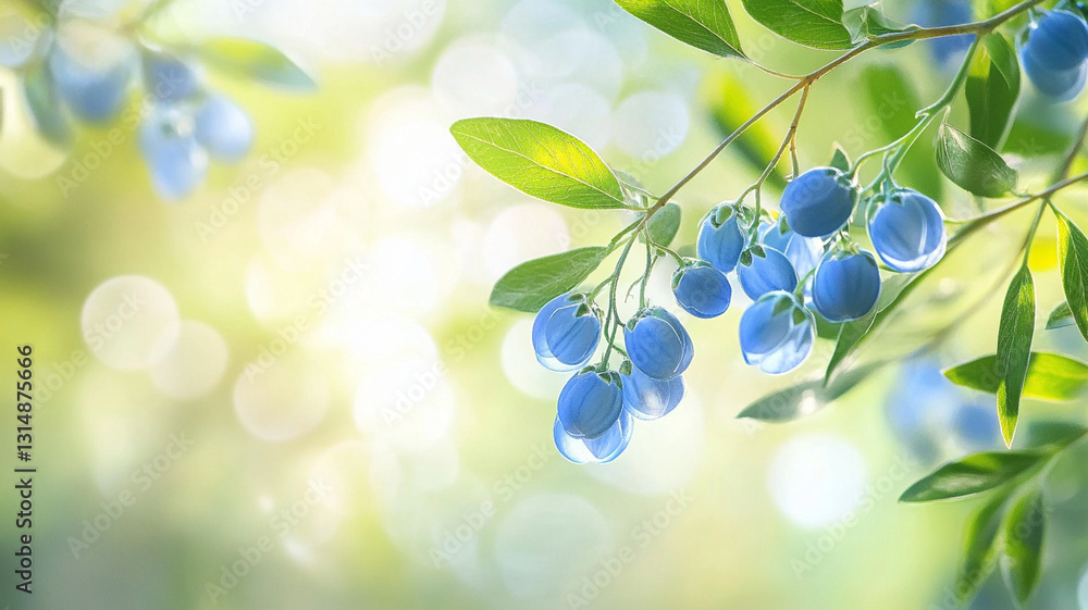 Fresh blue berries hanging on green branches in soft light Fresh blue berries hanging on green branches in soft light