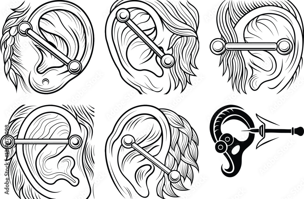 Obraz premium Industrial Piercing Guide: Black and White Line Art Illustration of Ear Piercings, Body Jewelry, and Fashion Accessories Designs