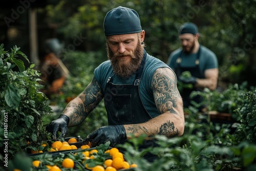 A tattooed man with a beard, wearing a dark apron and cap, harvests oranges in a lush green garden. Another man works in the background. Focus is on the foreground worker and his detailed tattoos photo