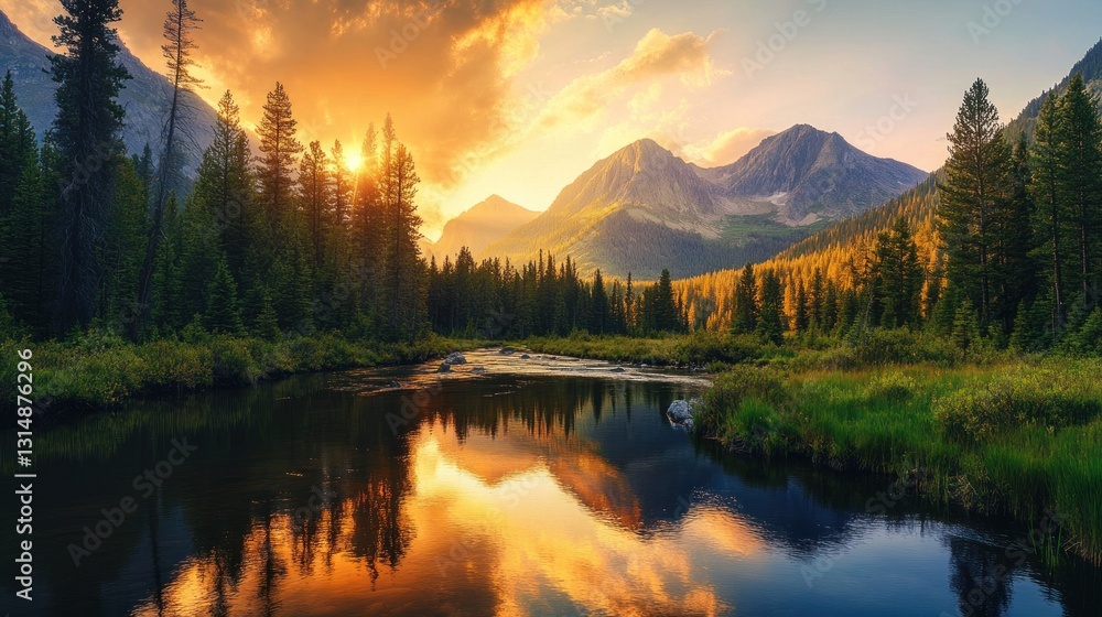 Obraz premium Majestic Sunset over Mountain Lake Reflection