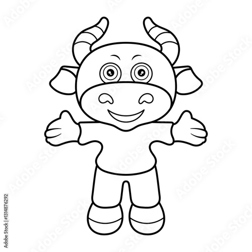 Cute Cartoon Bull Mascot Outline Vector Illustration. Bull standing with its arms open wide, as if welcoming or offering a big hug. The bull has a cheerful expression with large, round eyes.