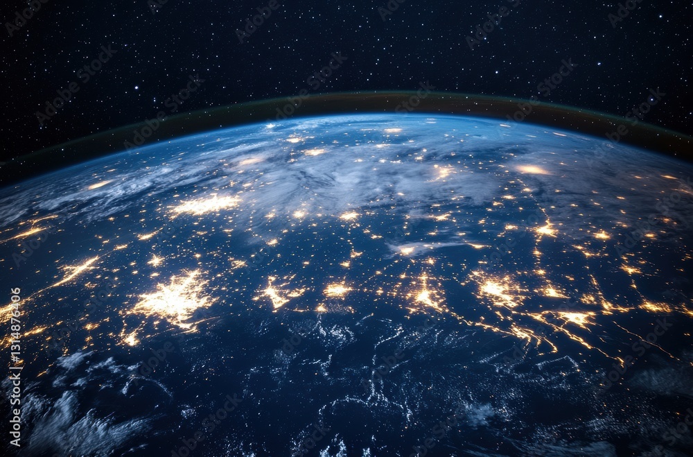 Obraz premium Stunning Aerial View of Earth at Night Illuminated by City Lights and Stars Against Dark Cosmic Background