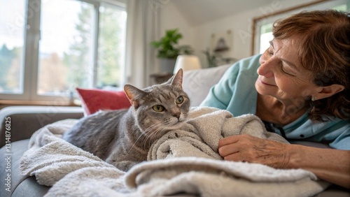 Senior happiness with cat care at home, caring moment between elderly woman and her cat. Elderly woman smiles warmly while touching her cat in a cozy setting.