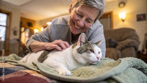 Senior happiness with cat care at home, caring moment between elderly woman and her cat. Elderly woman smiles warmly while touching her cat in a cozy setting.