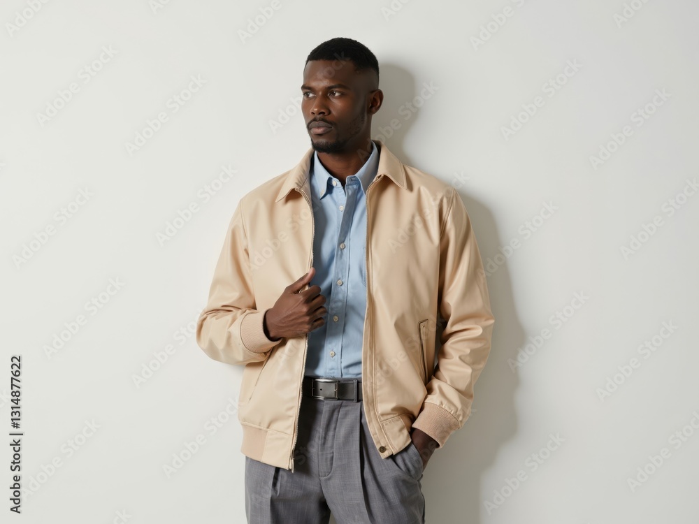 Portrait of Man in Beige Jacket, Blue Shirt, and Gray Trousers Portrait of Man in Beige Jacket, Blue Shirt, and Gray Trousers