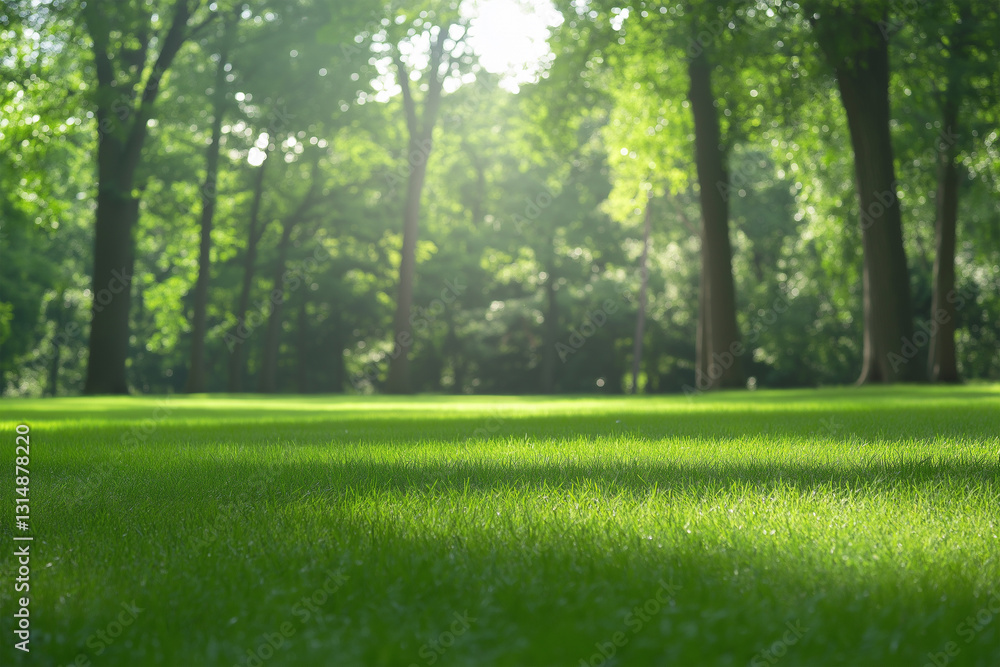 Bright green lawn surrounded by trees in a peaceful park during a sunny afternoon Bright green lawn surrounded by trees in a peaceful park during a sunny afternoon