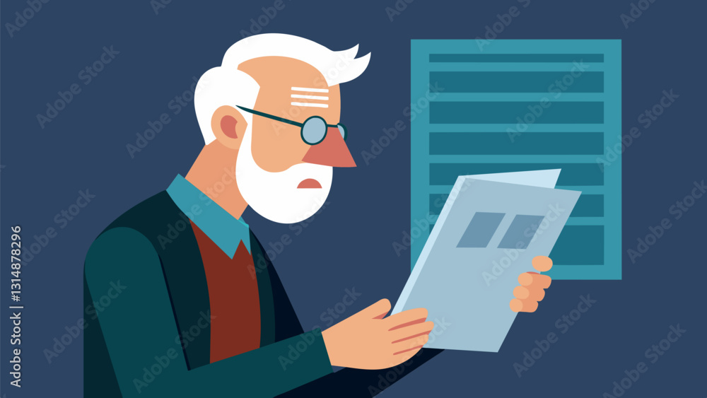 An older gentleman intently reading through a news article on his tablet eager to stay updated and informed through the internet.. Vector illustration An older gentleman intently reading through a news article on his tablet eager to stay updated and informed through the internet.. Vector illustration