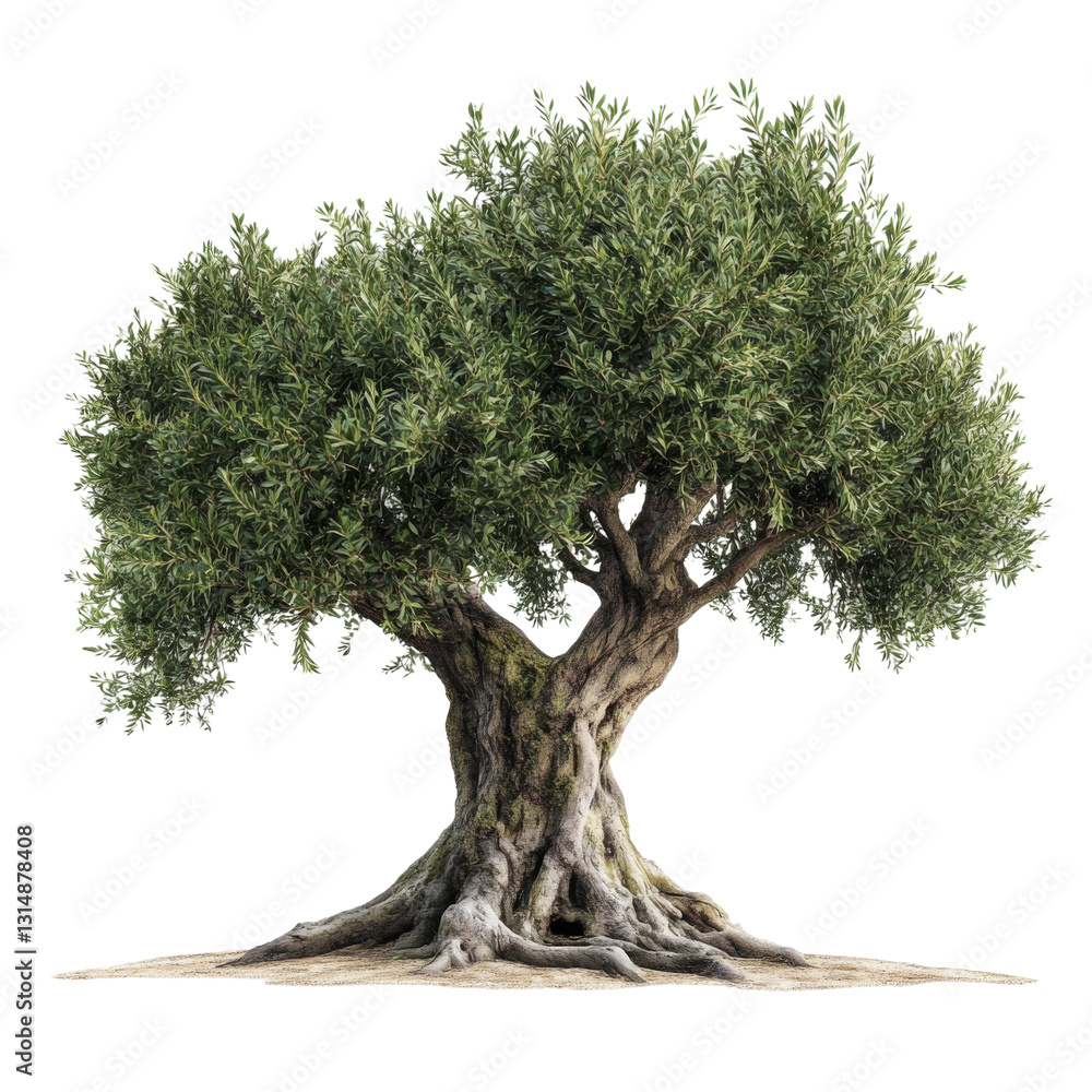 Beautiful olive tree with twisted trunk and dense green foliage isolated on white background