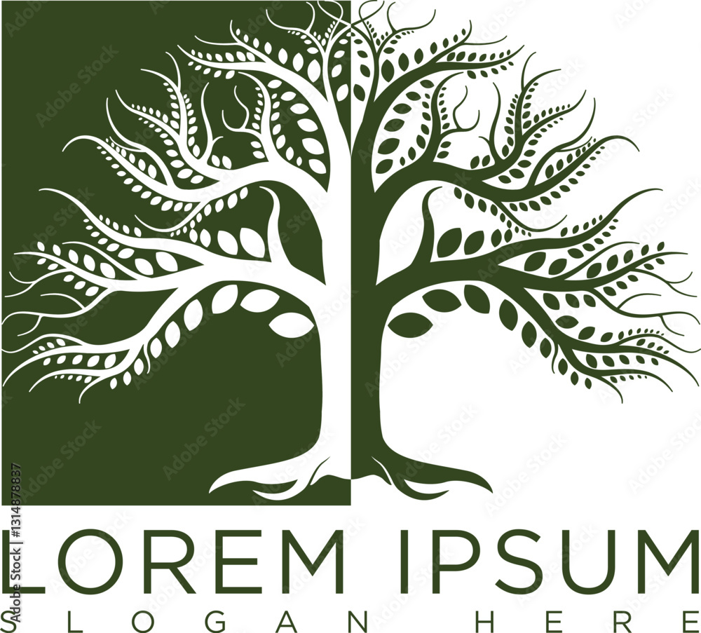 Obraz premium Minimalist dark green tree logo symbolizing growth, sustainability and nature. Modern vector design with clean lines, suitable for eco-friendly businesses, agriculture, conservation organizations.
