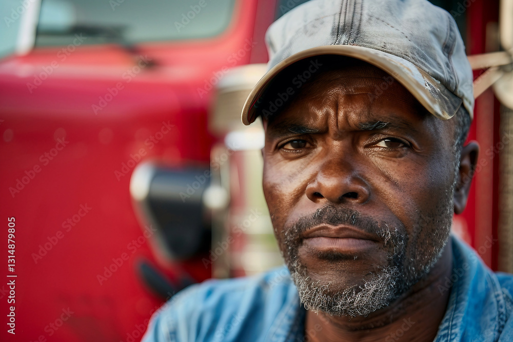 Generative AI portrait of a smiling truck driver inside a vehicle, showcasing a confident and professional demeanor Generative AI portrait of a smiling truck driver inside a vehicle, showcasing a confident and professional demeanor