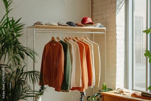 Cozy sweaters and stylish hats displayed indoors during a sunny day in a boutique shop