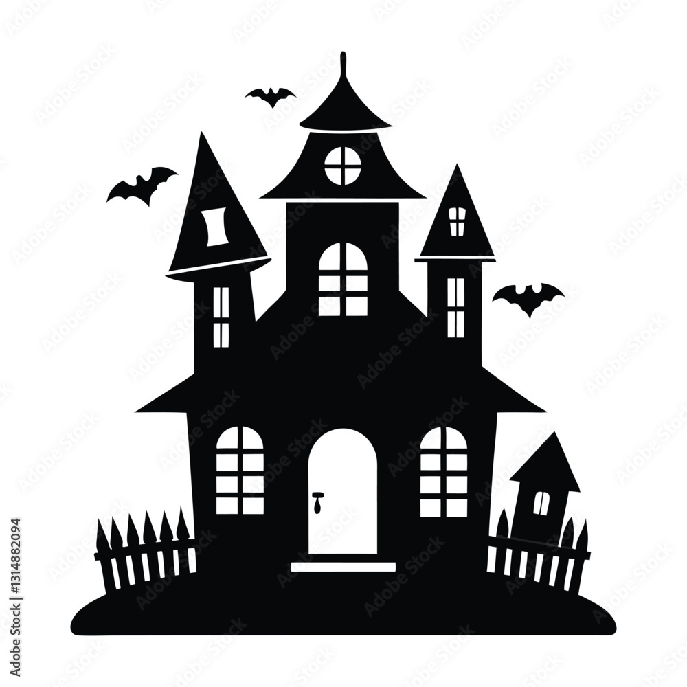 Haunted House Silhouette with Bats and Spooky Atmosphere for Halloween Haunted House Silhouette with Bats and Spooky Atmosphere for Halloween