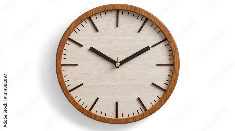 Wooden Wall Clock With Brown Frame And Beige Face Showing Time On White Background Wooden Wall Clock With Brown Frame And Beige Face Showing Time On White Background
