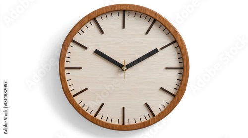 Wooden Wall Clock With Brown Frame And Beige Face Showing Time On White Background