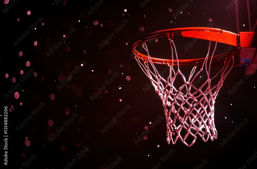 A basketball hoop with red light shining on it, surrounded by black background. A basketball hoop with red light shining on it, surrounded by black background.