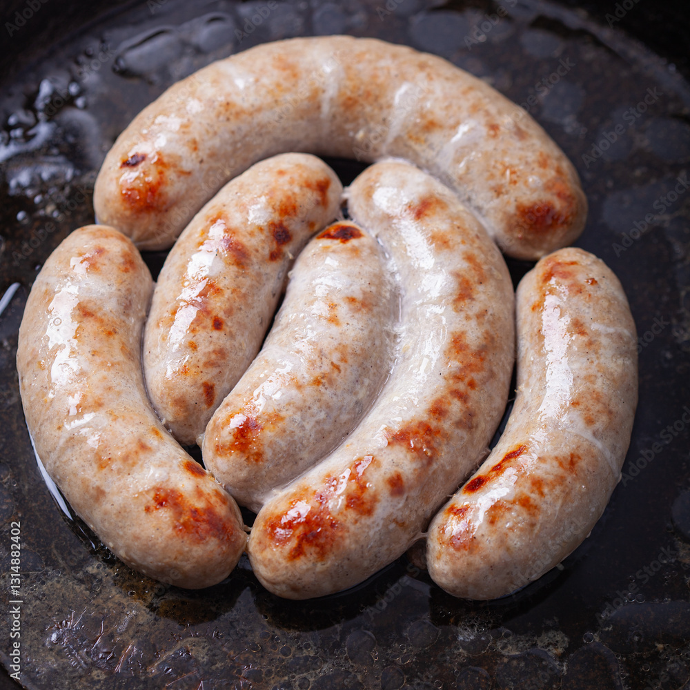 White pork sausage being fried on a cast-iron skillet. White pork sausage being fried on a cast-iron skillet.