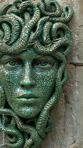 Wallpaper Mural Intricately designed green Medusa sculpture with detailed snake hair on a weathered wall Torontodigital.ca