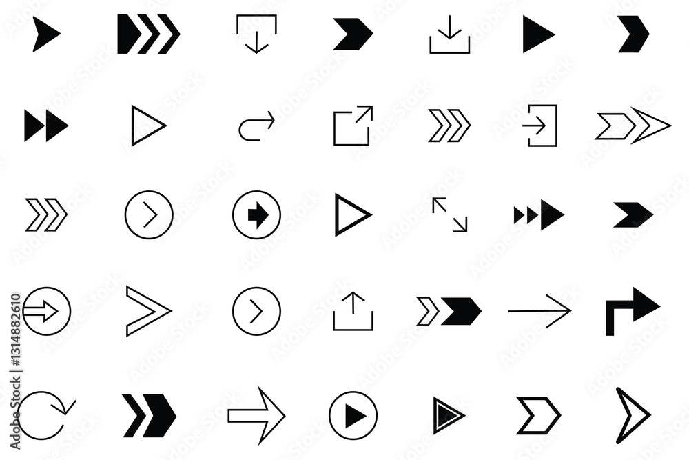 Arrow black Vector icon set. linear arrows icon pack. Collection different arrow signs. Curved right, forward, reload, send, navigate and more. Vector illustration. Arrow black Vector icon set. linear arrows icon pack. Collection different arrow signs. Curved right, forward, reload, send, navigate and more. Vector illustration.