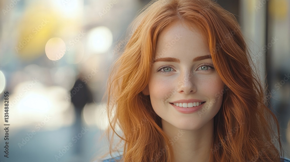 A smiling young woman with long, wavy red hair and freckles wears a denim jacket over a light hoodie. A smiling young woman with long, wavy red hair and freckles wears a denim jacket over a light hoodie.