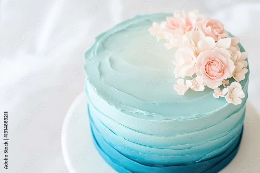 A stunning blue ombre cake adorned with delicate pink sugar flowers, elegantly placed on a white stand against a soft background. A stunning blue ombre cake adorned with delicate pink sugar flowers, elegantly placed on a white stand against a soft background.