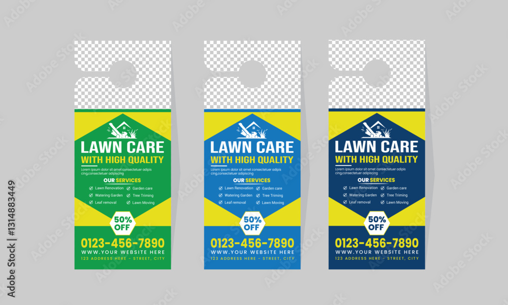 Naklejka premium Lawn Maintenance door hanger template vector,hotel knob design,best lawn care Service door hanger template Design