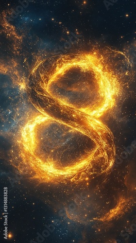 A golden infinity symbol intertwined with celestial elements, symbolizing eternal energy