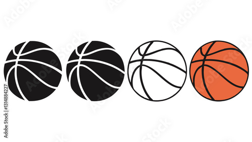 Basketball Icon Set – Black and White Outline, Orange, and Silhouette Sports Ball Illustrations for Basketball Designs, Team Logos, Game Graphics, and Sport-Themed Artwork
