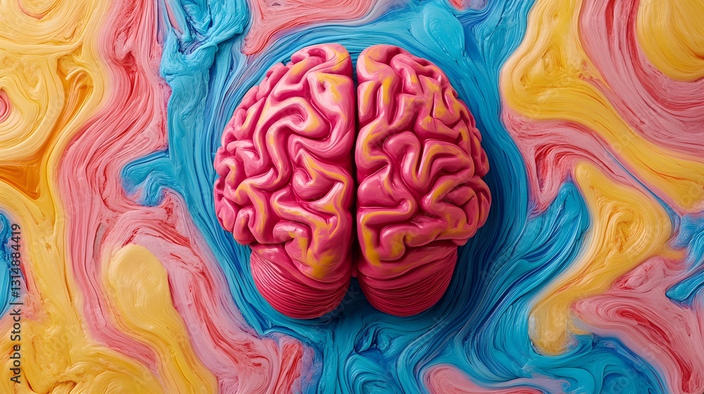 Obraz premium Surreal Brain Surrounded by Swirling Microplastics, Symbolizing Cognitive Impact