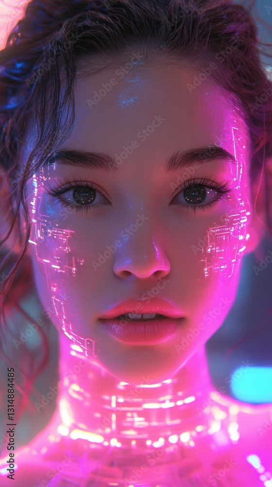 Obraz premium Close-up portrait of a person with blue eyes and neon pink and blue glow creating a futuristic atmosphere