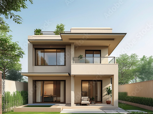 modern Indian middle-class home. The house has a compact, two-story design with a beige or pastel-colored exterior, flat roof, and simple balcony.