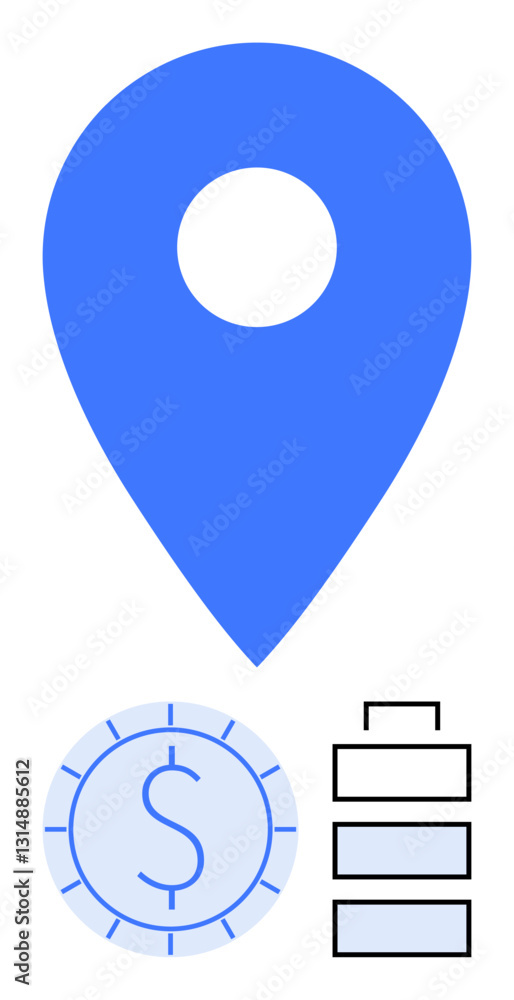 Blue location pin, dollar currency coin, analytic bar chart. Ideal for finance, tracking, economy, analytics, marketing business insights location-based services. Flat simple metaphor Blue location pin, dollar currency coin, analytic bar chart. Ideal for finance, tracking, economy, analytics, marketing business insights location-based services. Flat simple metaphor