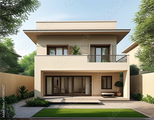 modern Indian middle-class home. The house has a compact, two-story design with a beige or pastel-colored exterior, flat roof, and simple balcony.