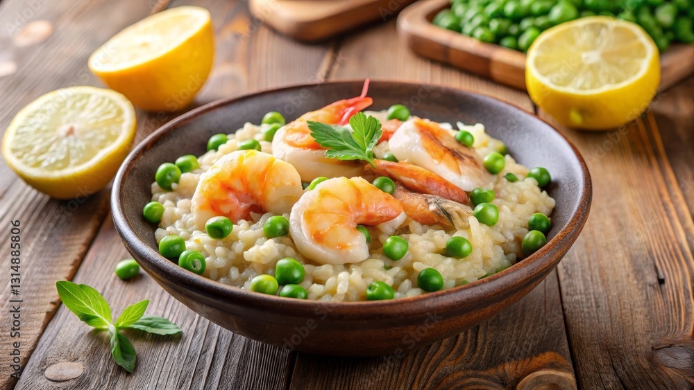 Aromatic Shrimp and Pea Risotto in a Rustic Bowl, Garnished with Fresh Herbs and Lemon Slices Aromatic Shrimp and Pea Risotto in a Rustic Bowl, Garnished with Fresh Herbs and Lemon Slices