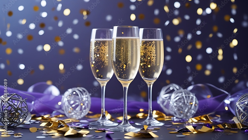 A luxurious New Year’s background with shimmering gold and silver confetti, a midnight blue-to-purple gradient, and champagne glasses, perfect for upscale celebrations and event branding. A luxurious New Year’s background with shimmering gold and silver confetti, a midnight blue-to-purple gradient, and champagne glasses, perfect for upscale celebrations and event branding.