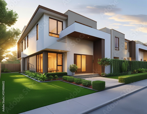 affordable duplex homes in a suburban area. The homes have simple, modern designs with white walls, brown accents, and large windows.