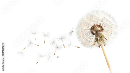 Dandelion seeds blowing in the wind on transparent background © Komora