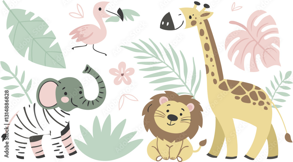Naklejka premium Beautiful stock illustrations set with cute flamingo lion toucan zebra elephant monkey. Isolated naive style drawing. Safari animal clip art. Childish hand drawn painting AI, EPS, PNG, JPEG File.