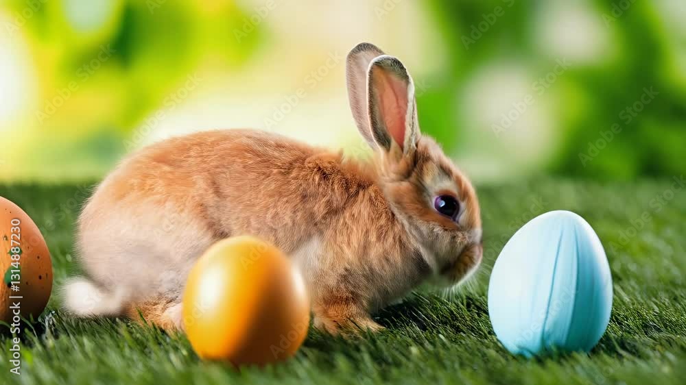 Osterhase hoppelt zwischen bunten Ostereiern 