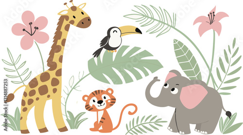 Beautiful stock illustrations set with cute flamingo lion toucan zebra elephant monkey. Isolated naive style drawing.  Safari animal clip art. Childish hand drawn painting AI, EPS, PNG, JPEG File.