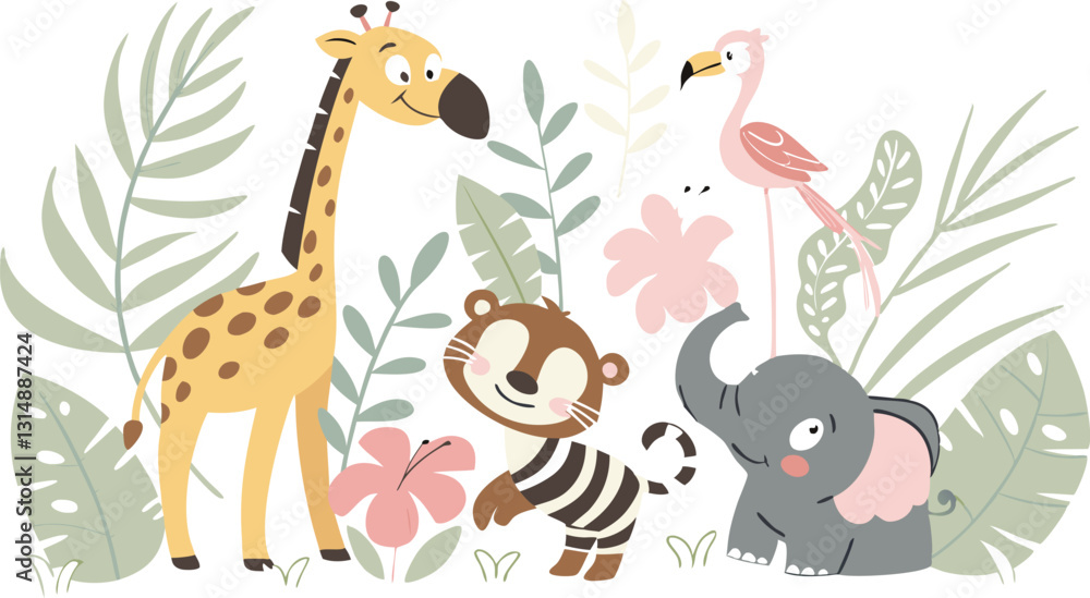 Naklejka premium Beautiful stock illustrations set with cute flamingo lion toucan zebra elephant monkey. Isolated naive style drawing. Safari animal clip art. Childish hand drawn painting AI, EPS, PNG, JPEG File.