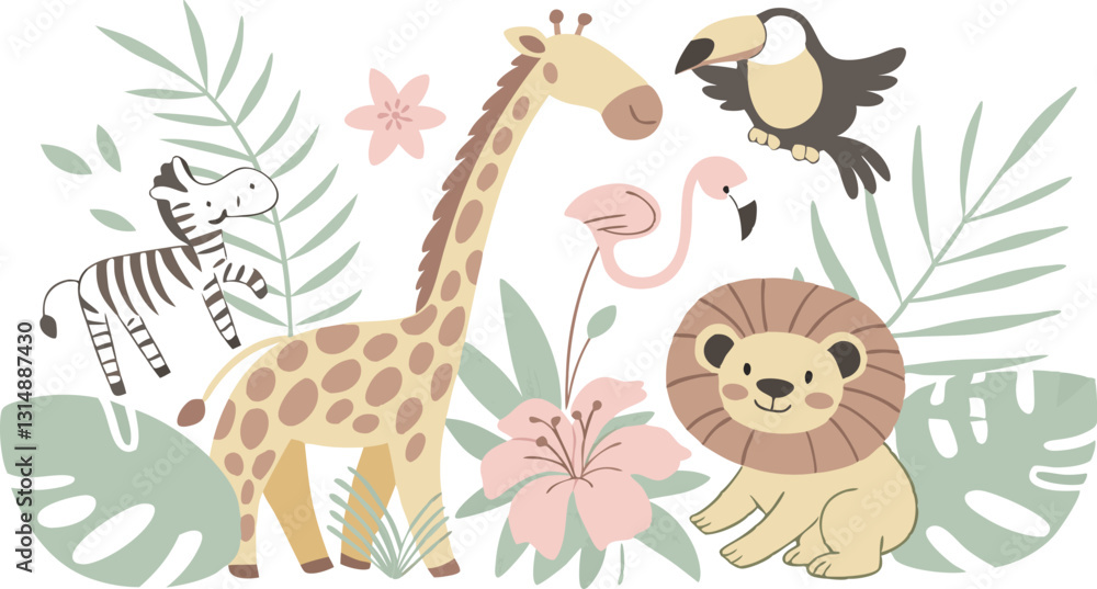Beautiful stock illustrations set with cute flamingo lion toucan zebra elephant monkey. Isolated naive style drawing. Safari animal clip art. Childish hand drawn painting AI, EPS, PNG, JPEG File. Beautiful stock illustrations set with cute flamingo lion toucan zebra elephant monkey. Isolated naive style drawing. Safari animal clip art. Childish hand drawn painting AI, EPS, PNG, JPEG File.